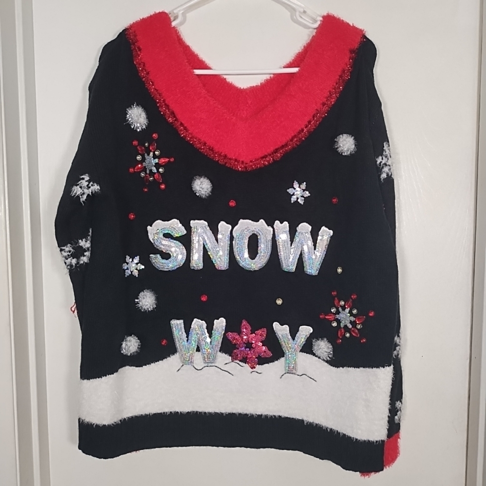 Ugly Christmas Sweater Women's L (12-14) Black Red Snow Way Sequins Rhinestones